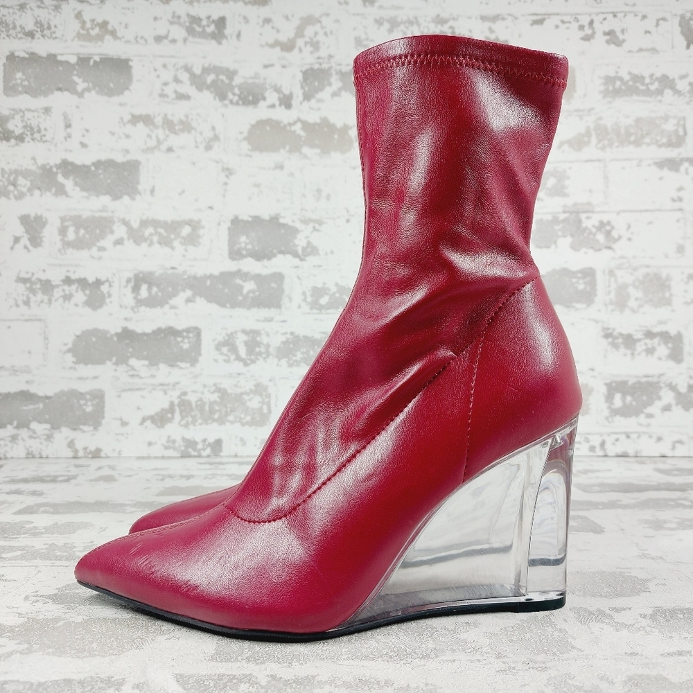 NEW Open Edit Burgundy Leather Ederika Clear Wedge Pointy Toe Ankle Boots i131